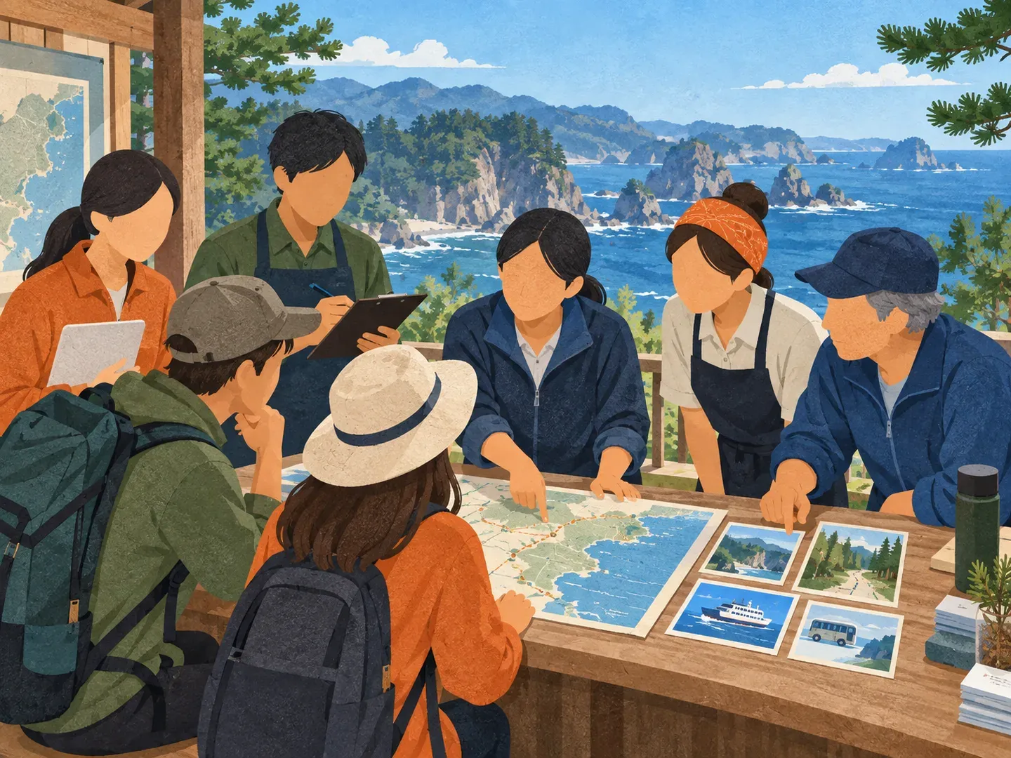 Illustration of the Sanriku Life & Trips team helping hikers and visitors understand a coastal route