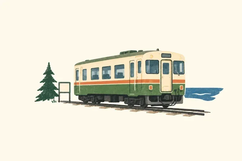 Illustration of a small Japanese local train beside the coast.