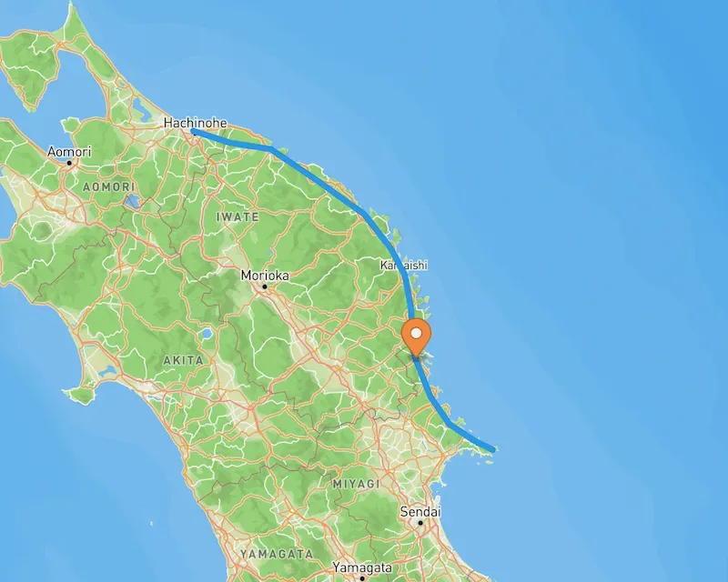 Map of the Sanriku coast in northeastern Japan, highlighted from Hachinohe to the Oshika Peninsula, with our base marked in Kesennuma.