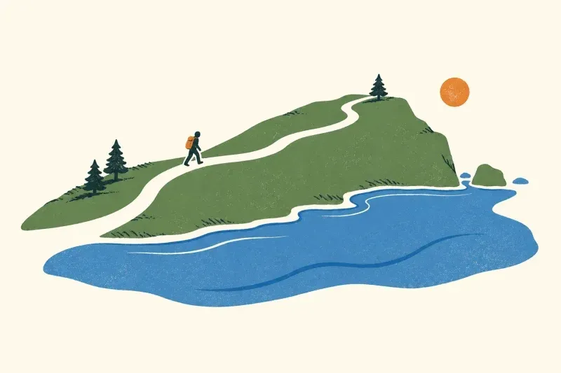 Illustration of a hiker following a winding trail along a green coastal headland.